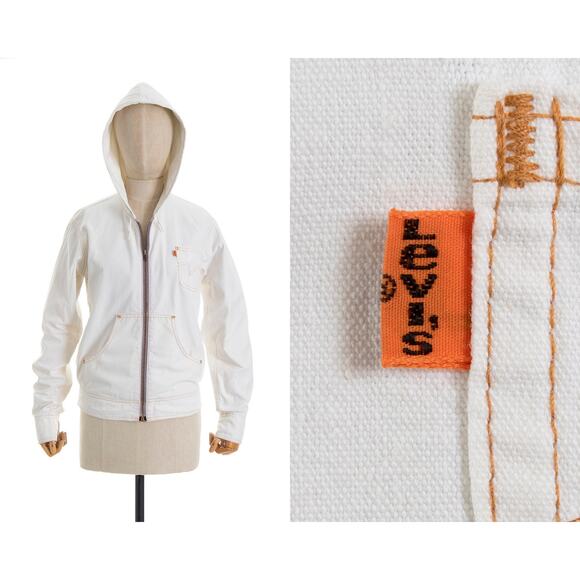 Vintage 1970s Jacket 70s LEVIS Orange Tab White Cotton Denim Hooded Zip Up Boho - Picture 1 of 10
